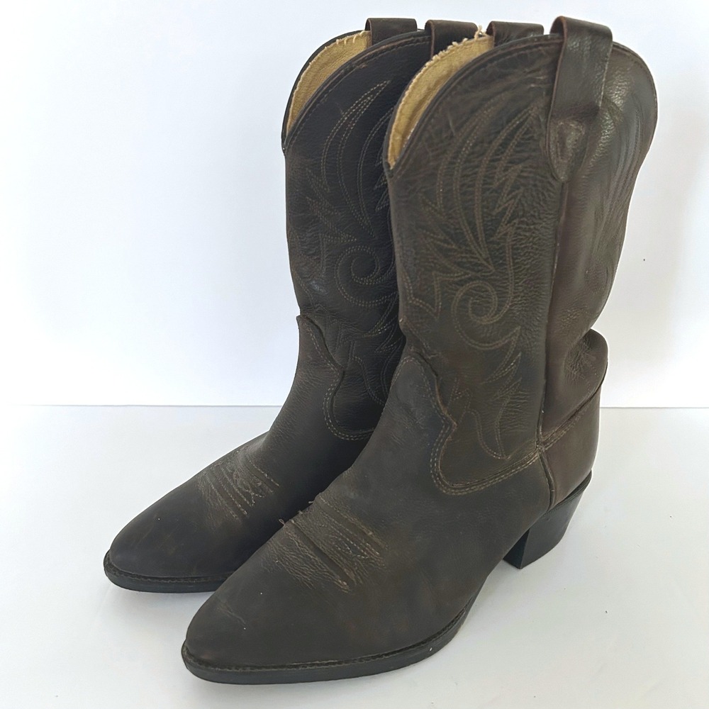 Vtg Texas Brand Western Cowboy Boots Mens 8 Brown Leather Pointed Toe Stitching